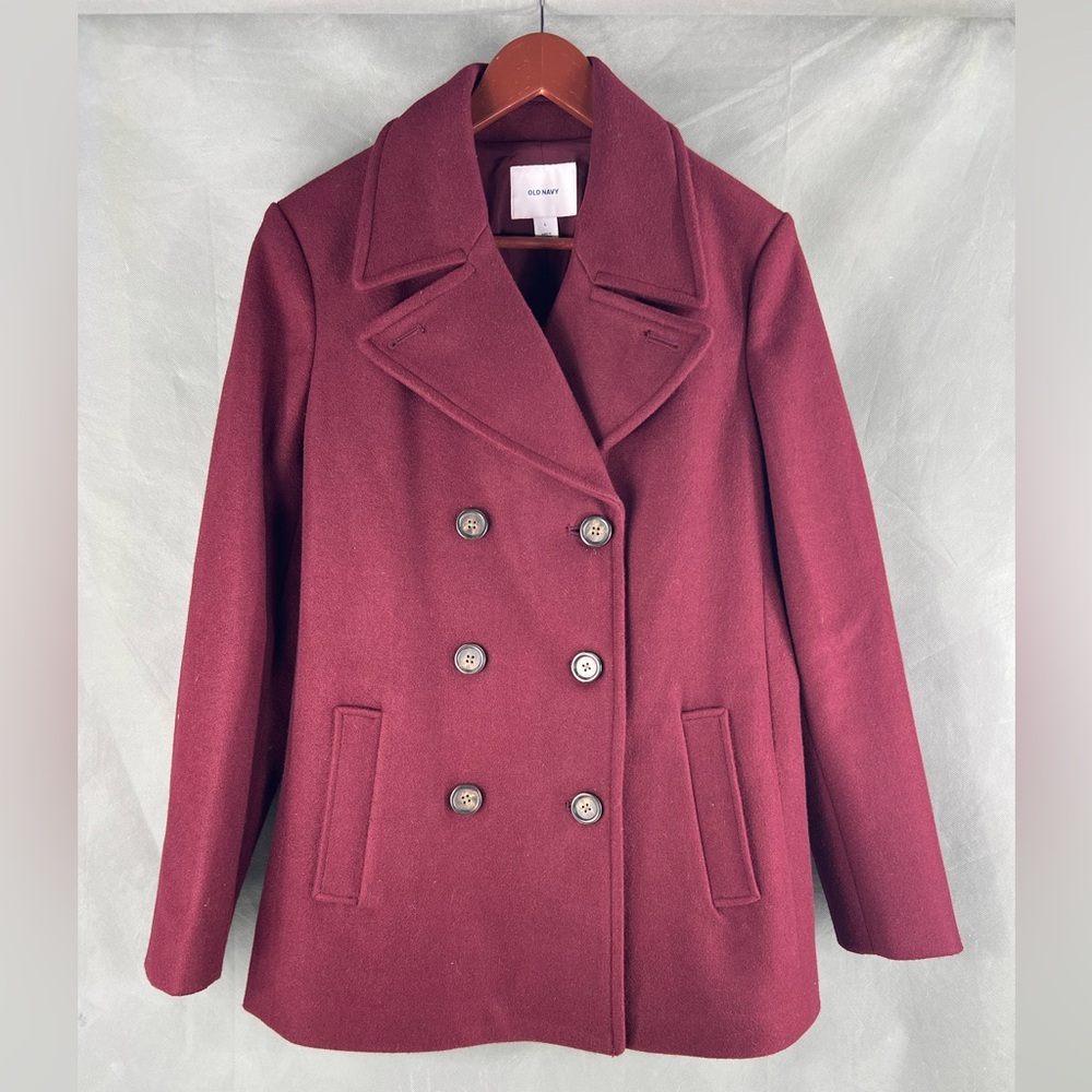 Old Navy Women Pea Coat Jacket Burgundy Wool Blend Old Money Quiet Luxury Large